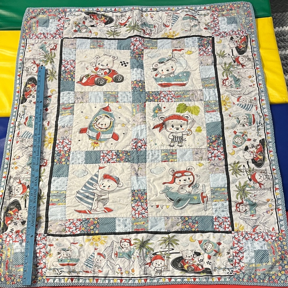 Colorful Children's Quilt with Playful Designs vehicle blue approx 40x 50